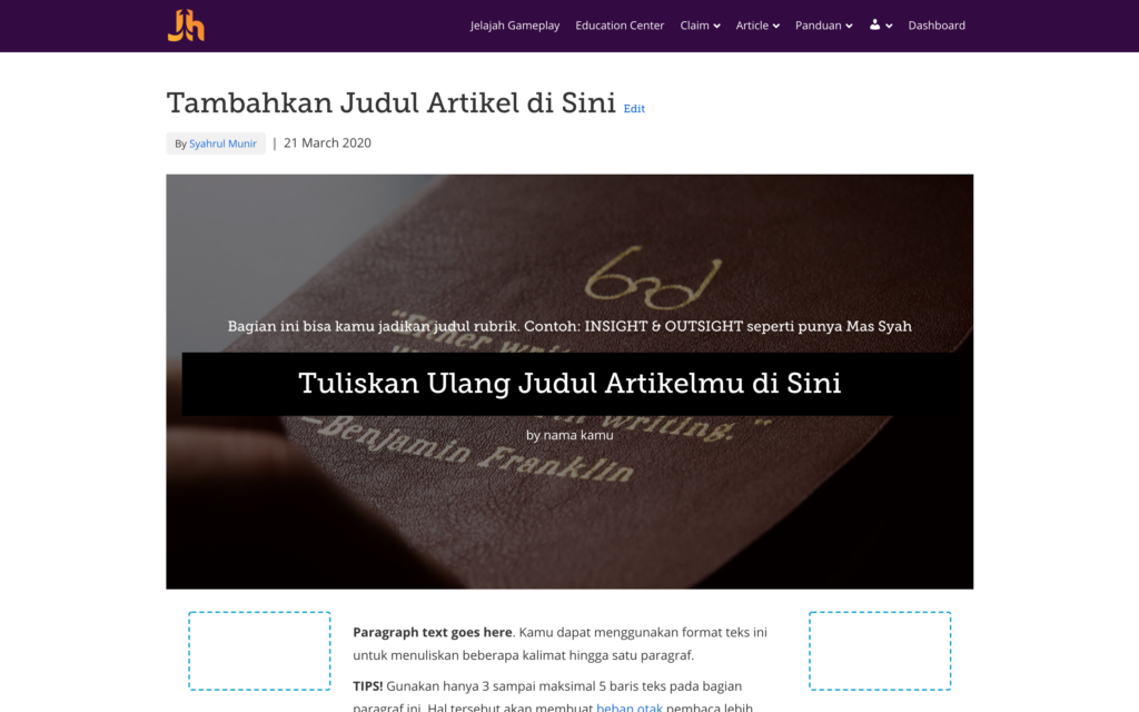 Tampilan artikel dengan pengaturan Default Template