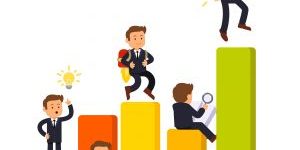 Stages of business development and growth from initial idea to a market leadership. Little businessman characters working in various poses on a bar graph. Flat vector illustration on white background.